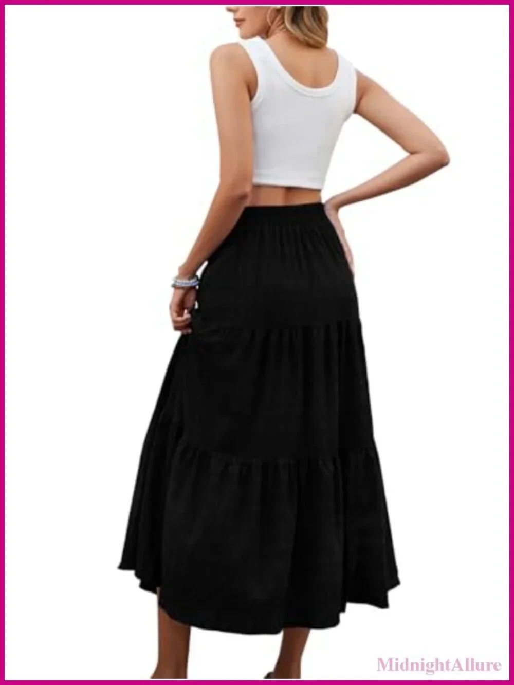 Smock Layered Tiered Maxi Skirt with Pockets, Elastic Waist, A-Line Flowy Long